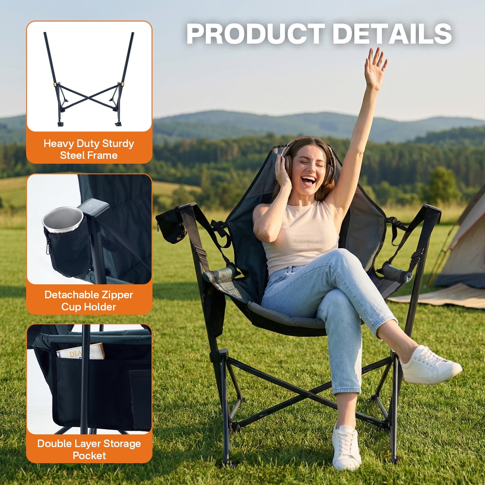 EVER ADVANCED Swinging Hammock Camping Chair with Adjustable Backrest, Supports 300 lbs, Black