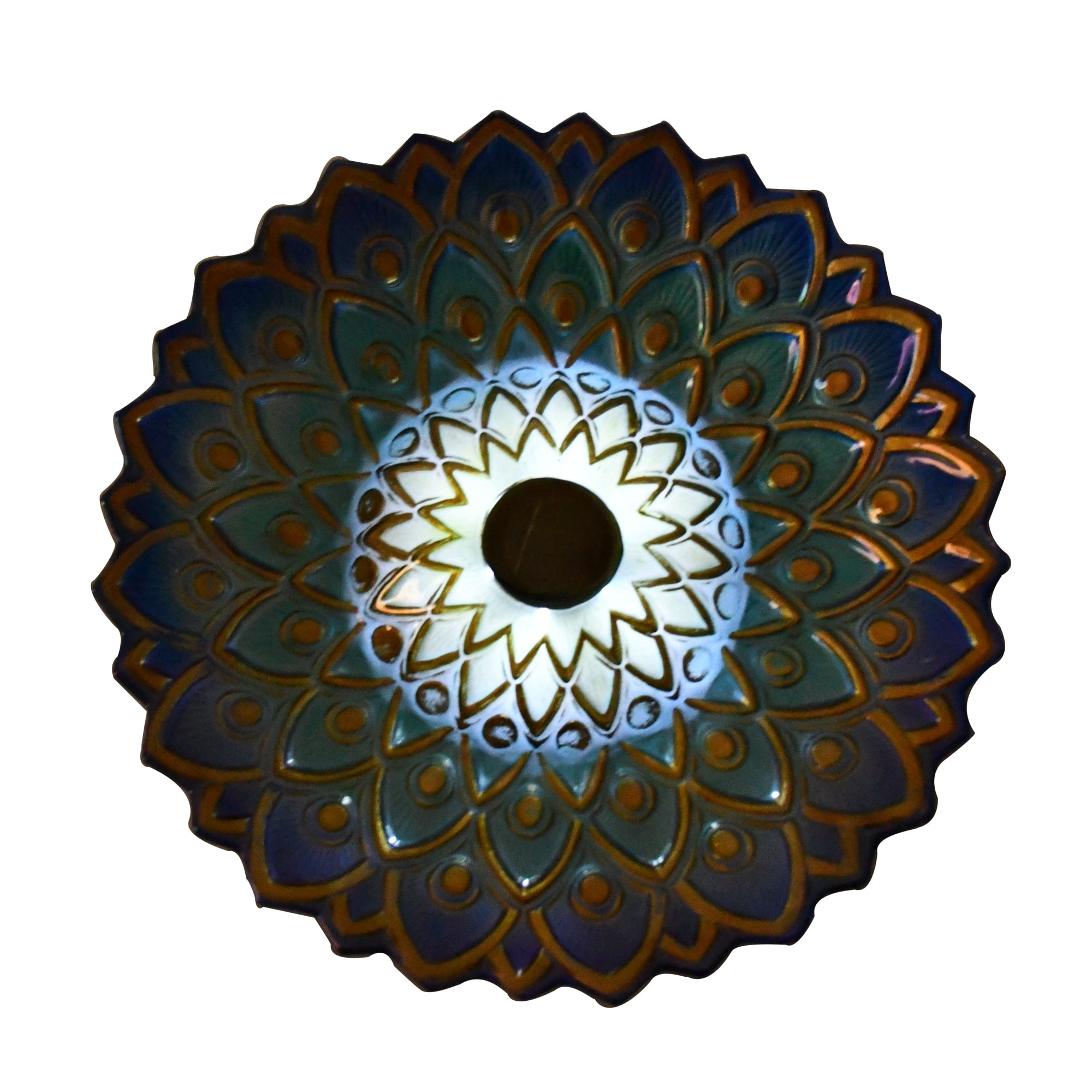 Hi-Line Gift Ltd 78415-R Solar Peacock Blue Geometric Glass Bird Bath with Stand