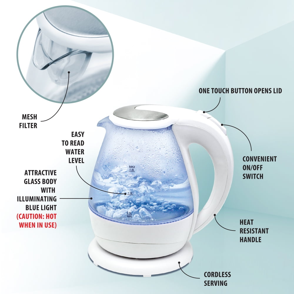 Joycook Glass Electric Tea Kettle 1.5 Liter with Built in Mesh Filter, White