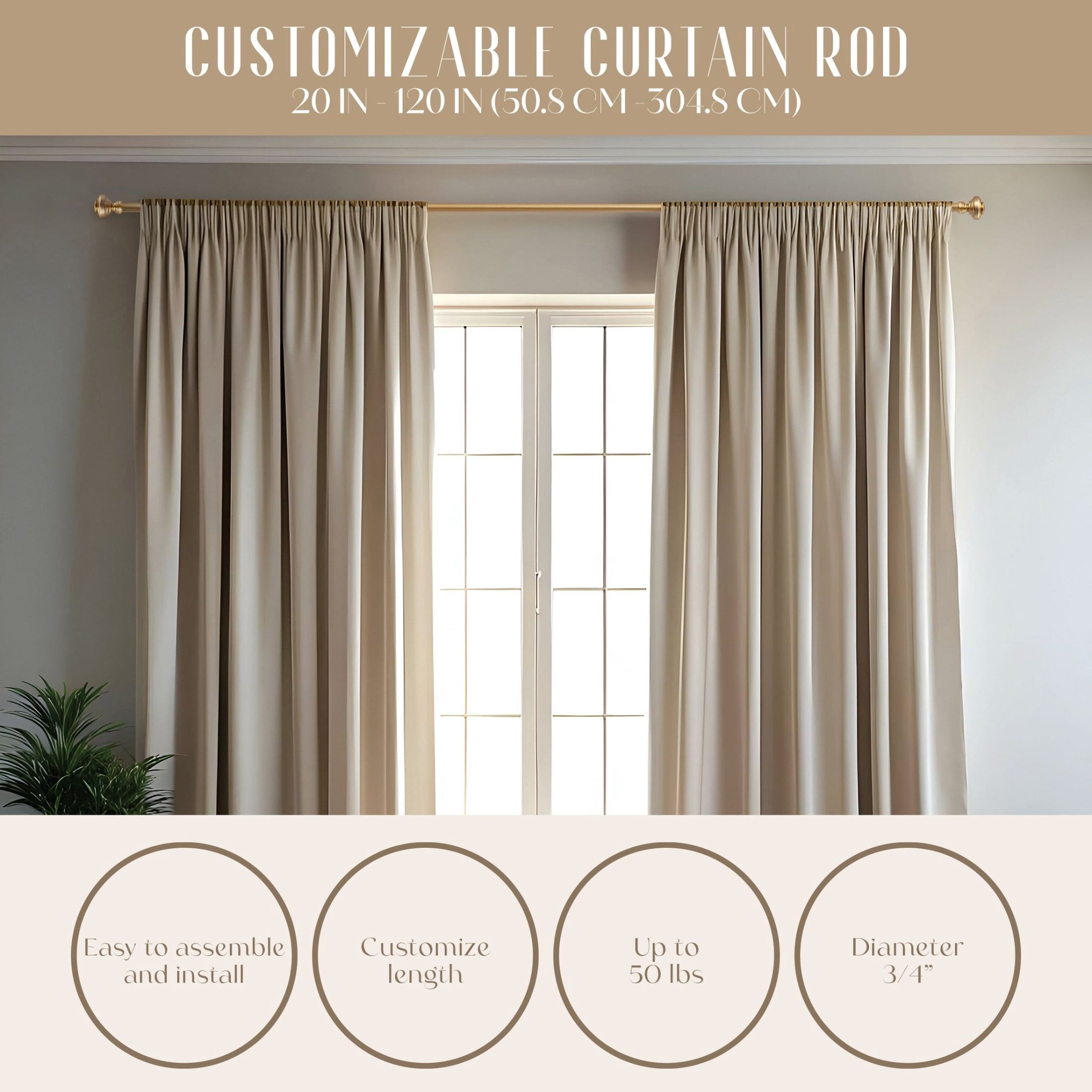 Dwell Studio, Cutomizable Curtain Rods, 3/4" Iron Material, 20 inch-120 inch Kit, Satin Brass