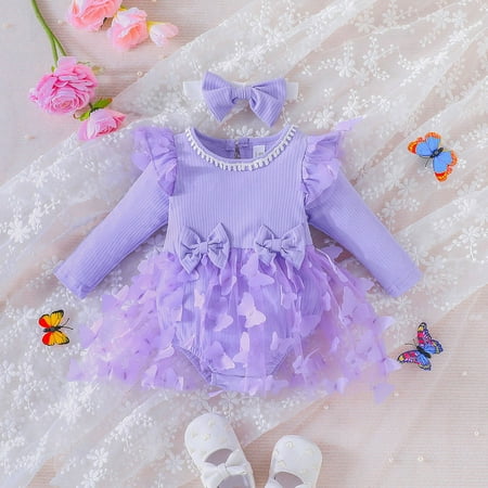 

Baby Girls Bodysuits Long Sleeve Bowknot Solid Color Butterfly Tulle Ruffles Romper Jumpsuits With Headbands Outfits