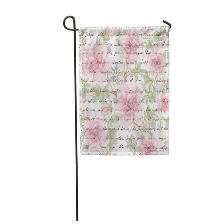 SIDONKU Pink Camelia Flowers and Vintage Ink Text Letter Watercolor Repeating Garden Flag Decorative Flag House Banner 28x40 inch