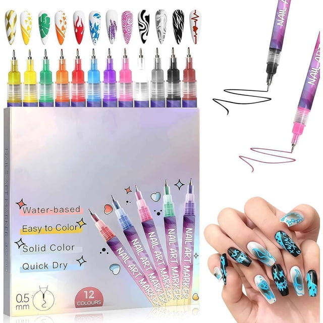 12 Colors Nail Art Pens Set, Nuevos Rotuladores para Uñas de Gel, Nail Art Point Grafiti Pen Set, Rotuladores de Puntos, Rotuladores de Pinceles Delineadores, Diseño de Uñas, Decoraciones DIY