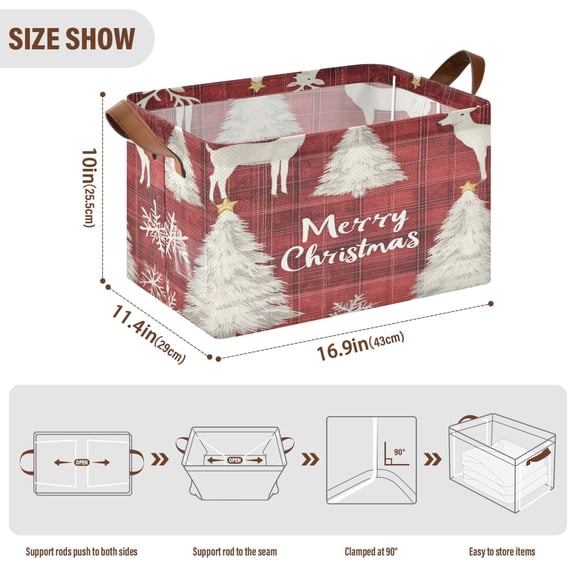 BZSMCE Collapsible Fabric Cube Storage Bins Christmas Red Plaid Pattern with Reindeer Design Pattern Storage Box