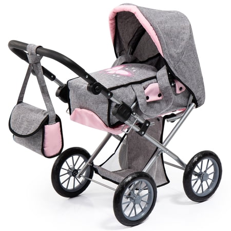 Bayer Design: City Star Doll Pram - Grey-Pink-Butterfly - 2-In-1 Pushchair & Stroller, Adjustable Handle, Carry Cot & Bag, Dolls Up To 18", Kids 3+