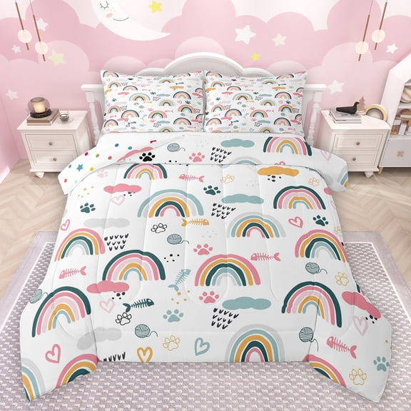 jejeloiu Multicolor Cute Rainbow Bedding Comforter Set,Kawaii Dogs Paws Twin Comforter Sets,Cartoon Lovea Pattern Bedding Set For Teens,Luxury Bedroom Decor Reversible,2pcs