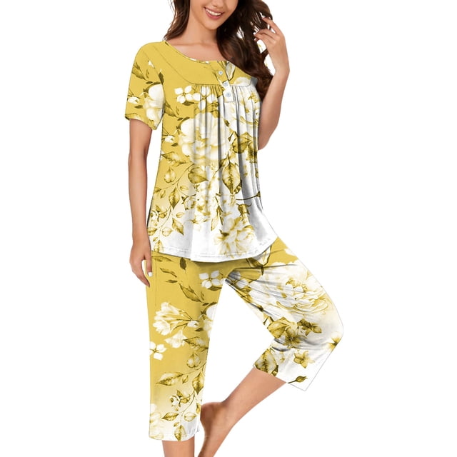 Pisexur Ensembles de Pyjama pour Femmes Mode Chemises de Nuit à Imprimé Floral pour Femmes Ensemble de Sommeil 2 Pcs Été Décontracté Col Rond Blouses Plissées Boutonnées Hauts et Pantalons Longueur sous le Genou avec Poches