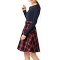 thumbnail image 5 of INSPIRE CHIC Women's Round Neck Long Sleeves Belted a-Line Buffalo Plaids Dress XS Navy Red, 5 of 9