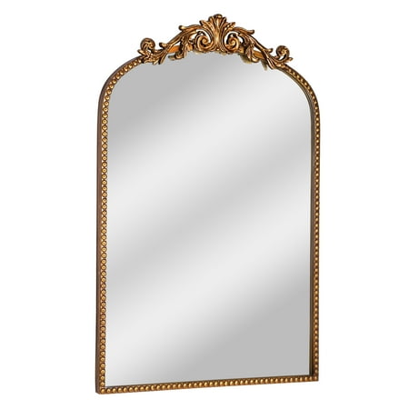 Crystal Art Gallery 30” x 20” Antique Gold Arch Wall Vanity Mirror, Ornate Vintage Baroque Mirror with Decorative Scroll Crest, Beaded Frame & Keyhole Hanging for Bedroom Entryway