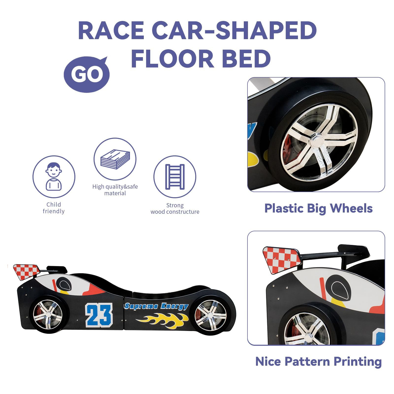 Twin Size Race Car Bed for Kids - Black Wooden Platform Frame with LED Lights, Wheels & Slat Support ,No Box Spring Needed