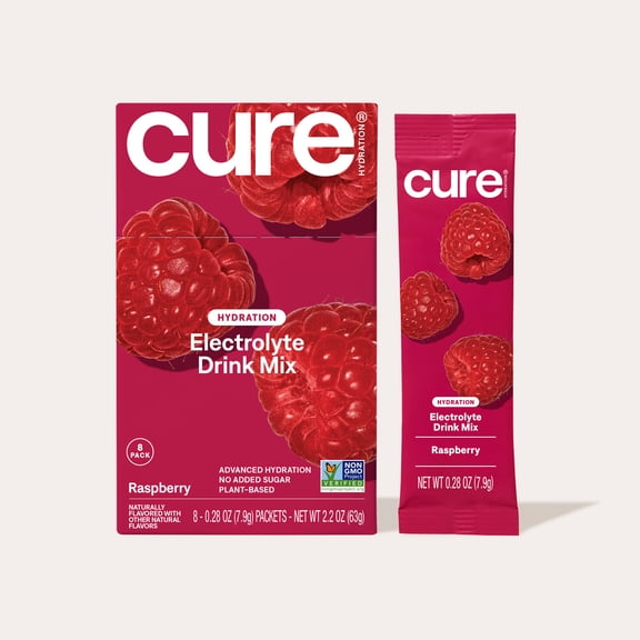 Cure Hydration Plant Based Electrolyte Mix | Powder for Dehydration Relief | Made with Coconut Water | Non-GMO | No Added Sugar | FSA & HSA | Vegan | Box of 8 Packets - Raspberry