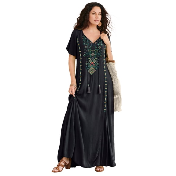 Roaman's Women's Plus Size Flutter Sleeve Hand Crinkled Maxi Dress – Curvy A-Line