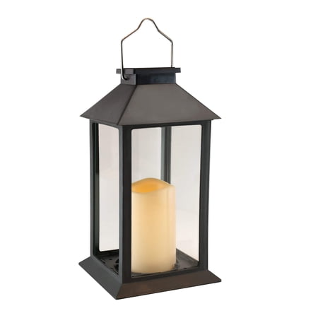 LumaBase Solar Powered Plastic Lantern with Flickering LED Candle and Hanging Hook - Traditional Black
