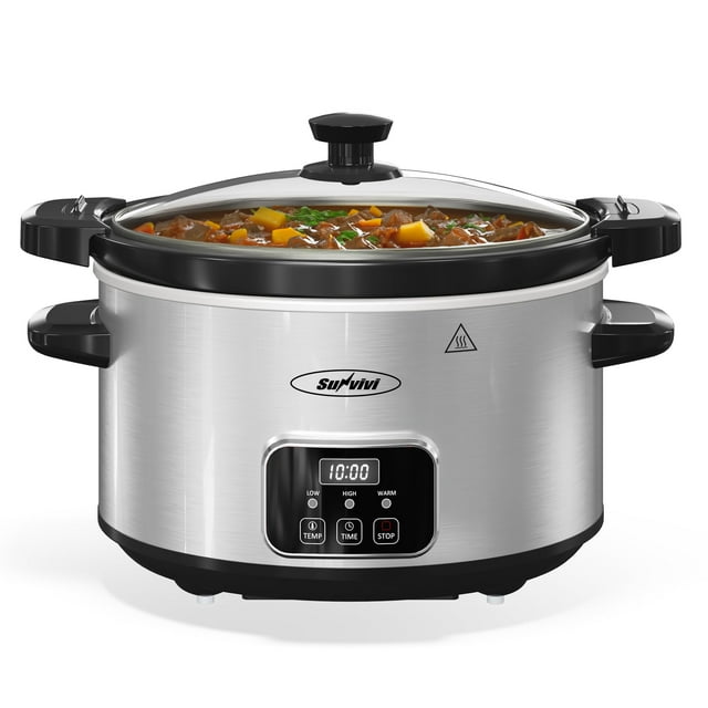 Olla de cocción lenta programable SUNVIVIPRO de 4 cuartos con olla de cerámica extraíble, tapa con cierre, 3 configuraciones de calentamiento y temporizador, apta para lavavajillas, acero inoxidable p