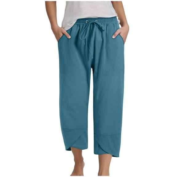 GEWSEY Capris for Women Casual Summer Loose Comfy Drawstring Wide Leg Capri Pants with Pockets (Blue, L)