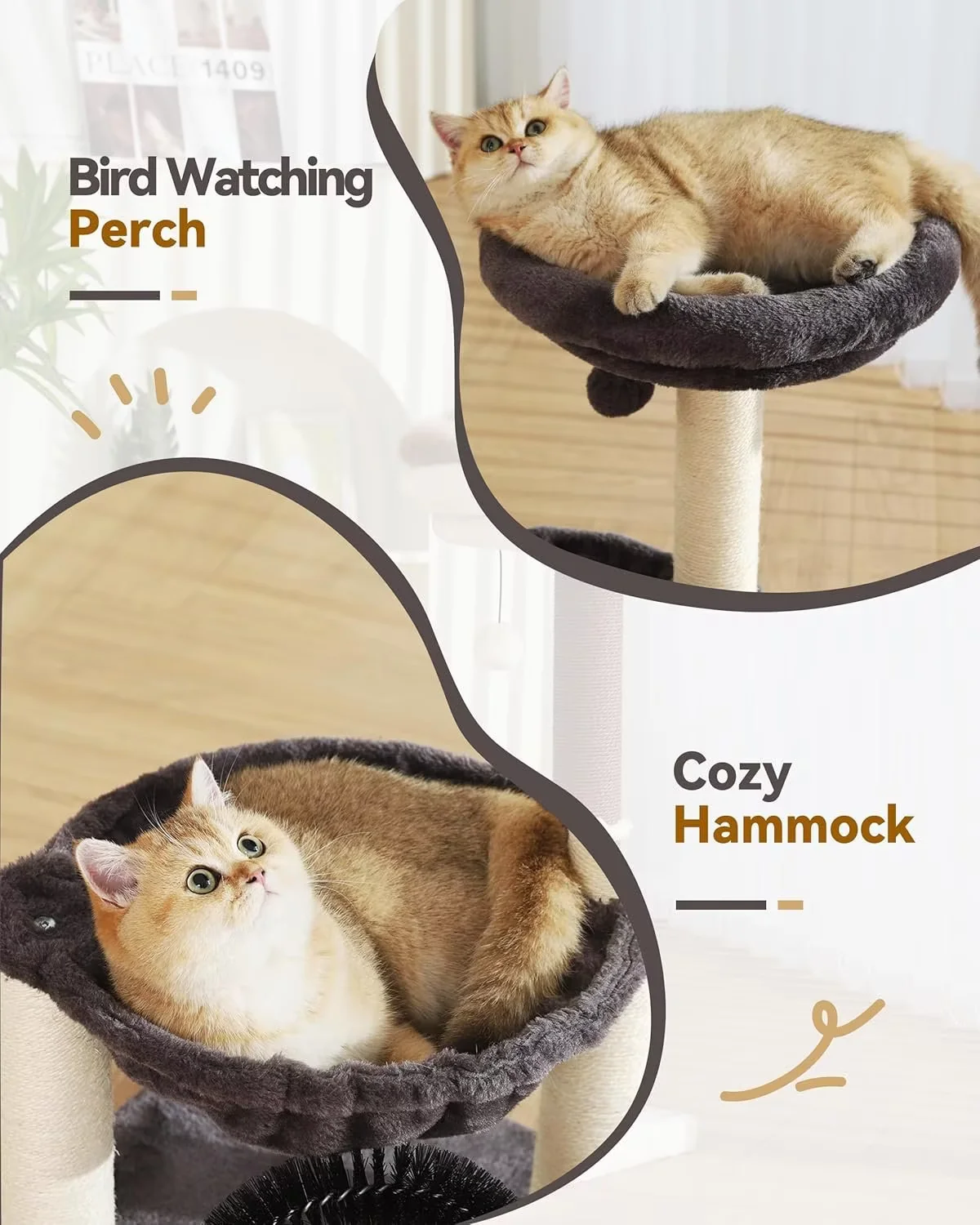 FluffyDream Small Cat Tree Tower for Indoor Cats, 5-in-1 27.8" Multi-Level Cat Tree with Scratching Posts, Plush Hammock, Perch, Self Groomer Brush, Dangling Ball for Kittens/Small Cats Play &Rest