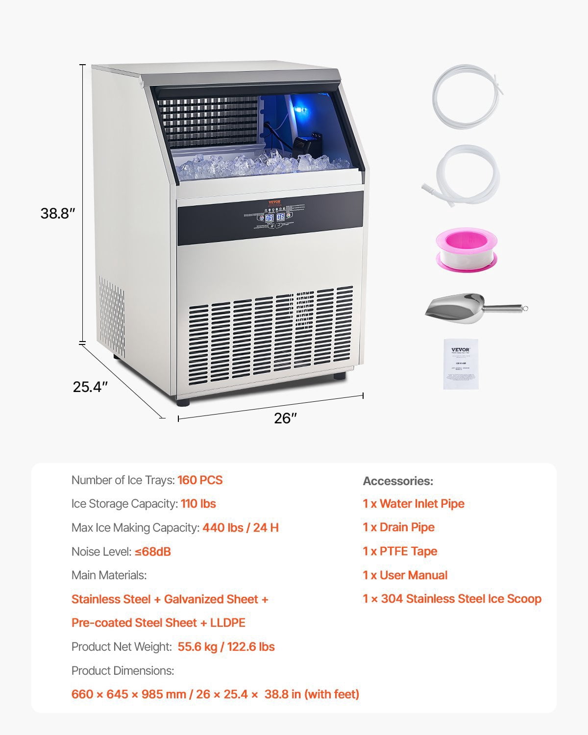 Commercial Ice Maker, 440 lbs/24H, 130 lbs Storage, Freestanding Self-Cleaning Ice Machine with Drain Pump, LED Display for Restaurant Bar Office