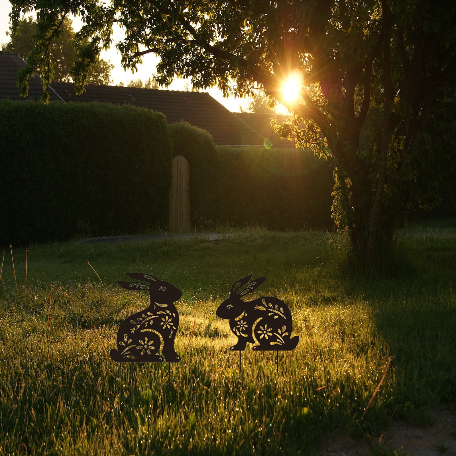 2 Peice Bunny Yard Sign,Metal Animal Yard Decor,Easter Bunny Lawn Signs with Stakes,Realistic Rabbits Decoration for Garden Lawn Pathway,Outdoor Metal Animals Silhouette Art Decor