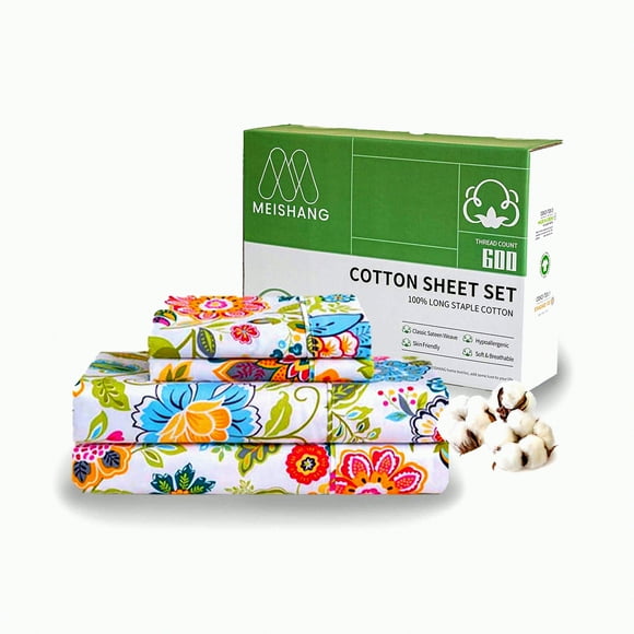 Cooling Floral Cotton Sheets - 600 Thread Count, Deep Pocket 4-Piece Set - Soft & Breathable 100% Long Staple Cotton Bed Sheets - Flower Print