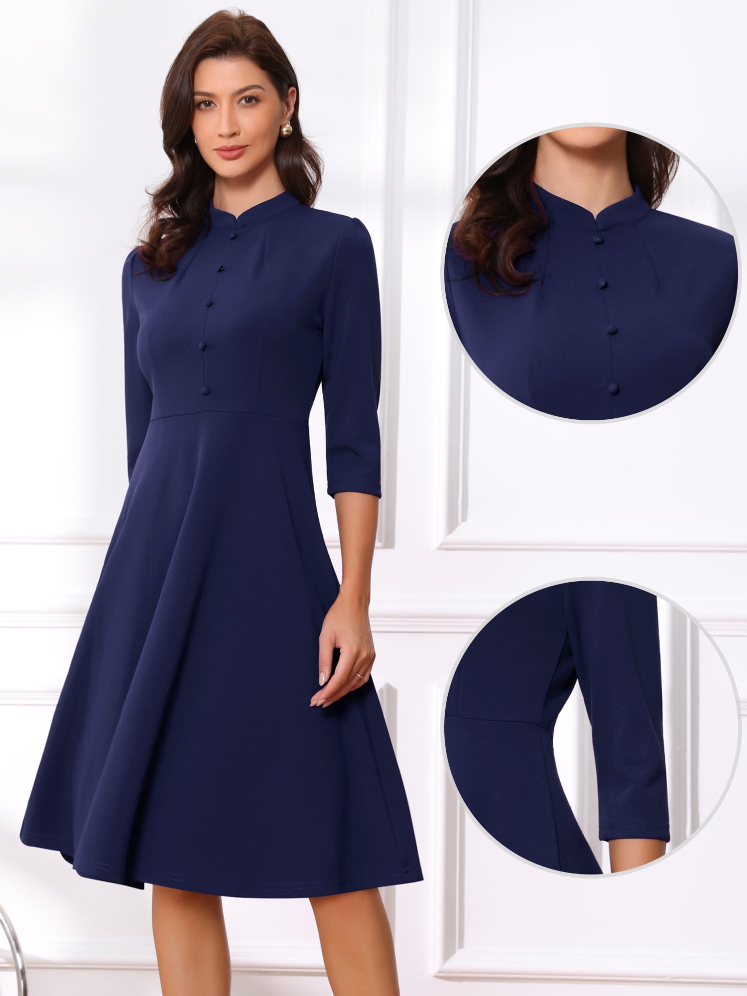 DARING DIVA Women's Vintage 3/4 Sleeve Church Semi Fit and Flare Dress S Deep Blue