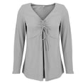 thumbnail image 3 of ManxiVoo Women's Peplum Blouse V Neck with Ruched Front Long Sleeve Casual Top Fashion Elegant Office Wear L Size Light Ashy, 3 of 6