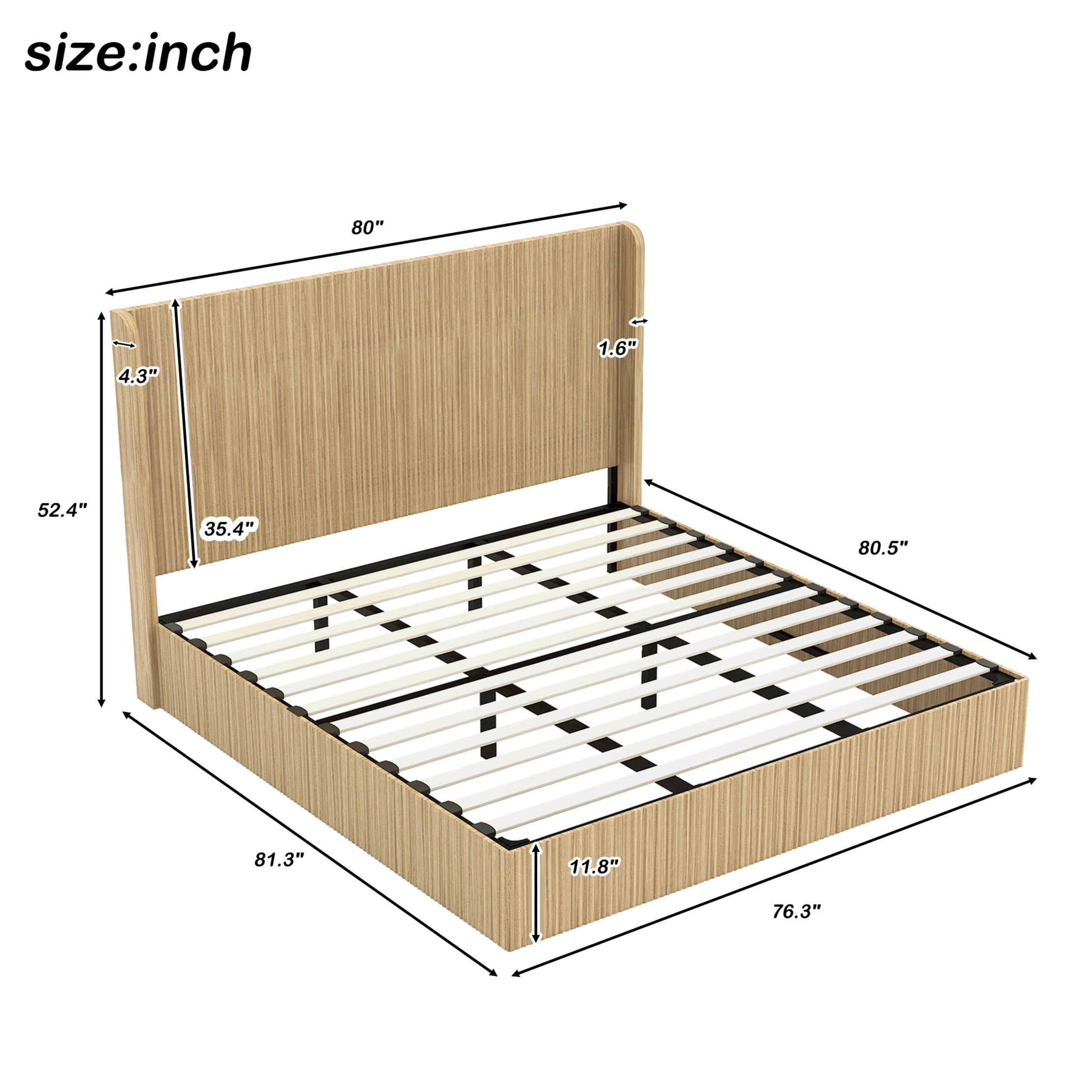 Noble House King Size Platform Bed Frame with Fluted Wingback Headboard, Natural Wood
