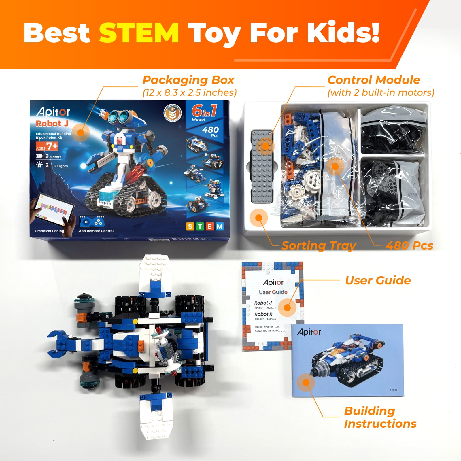 Apitor Robot J Robot Building Kit for Kids Ages 7-12, 6-in-1  STEM Educational Coding Toys with APP Remote Control, Science Engineering Gift for Boys & Girls, 4 Control Modes (480 Pieces)
