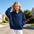 thumbnail image 2 of Girls Solid Color Full Zip Hooded Sweatshirt, Kids Zip‑Up Hoodie Jacket, Loose Fit Casual Outerwear Tops for Autumn Winter Daily School Outdoor Travel Wear(Navy,5-6 Years), 2 of 6