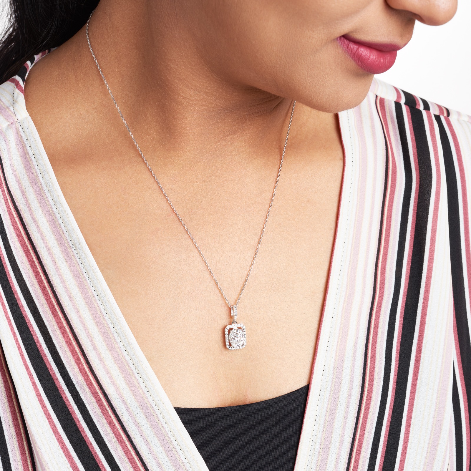 Forever Facets Moissanite Halo Pendant Necklace in Rhodium Plated Sterling Silver, Adult Female