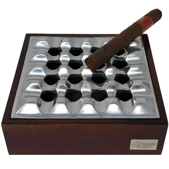 Prestige Import Group Rockford Smokin Ash Square Grid Tabletop Ashtray - Polished Cast Aluminum Tray with Mango Wood Base