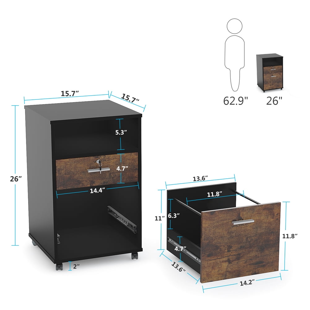 Tribesigns 2 Drawer Mobile File Cabinet with Lock, Wood Rustic Filing Cabinet for Letter Size, Printer Stand with Rolling Wheels and Open Storage Shelf for Home Office (Brown)