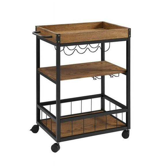 Pemberly Row Kitchen Cart in Black with Wood Planked Top