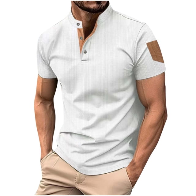 Mens Manga Corta Botón Abajo Camisas con Bolsillo, Color Sólido Botón de Cuello de Pie Blusa para el Ocio Y Casual