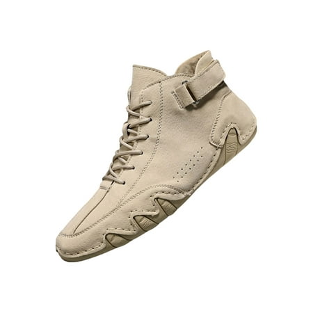 

Gomelly Mens Ankle Booties Faux Leather Boots Hand Stitching Flats Non Slip Casual Shoes Office Work Khaki Leather Vamp 11.5