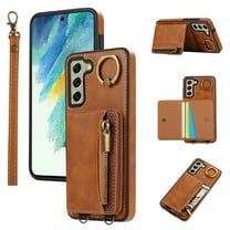 ELEHOLD Case for Samsung Galaxy S21 FE, Zipper Leather Wallet Case with Card Holder Stand,Brown