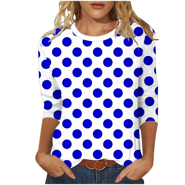 T-Shirts Grande Taille pour Femmes à Manches 3/4 à Pois, Col Ras du Cou, T-Shirts Graphiques de Base, Hauts d'Été Décontractés (2TG, Bleu)