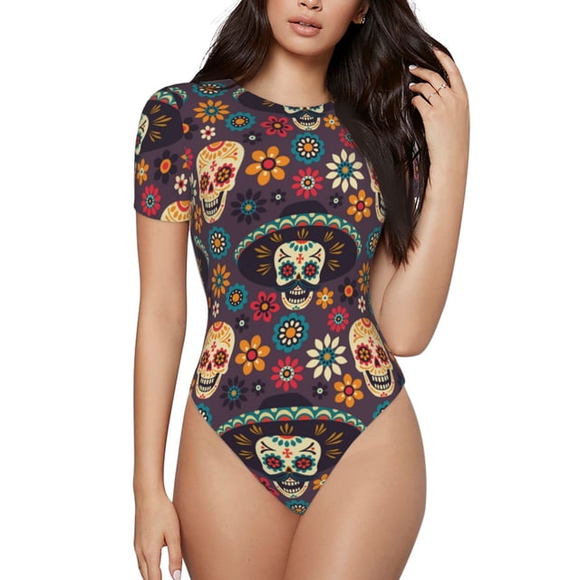 Balery Skulls and Flowers Body de cuello redondo de manga corta para mujer Tops de manga corta Tops básicos-X-Large