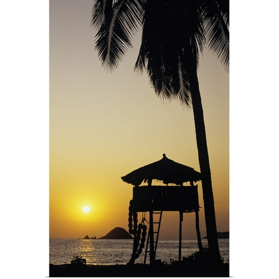 Great BIG Canvas | Rolled Bill Schildge Poster Print entitled Mexico, Ixtapa Coast, Beach Bungalow And Palm Tree Silhouette At Sunset
