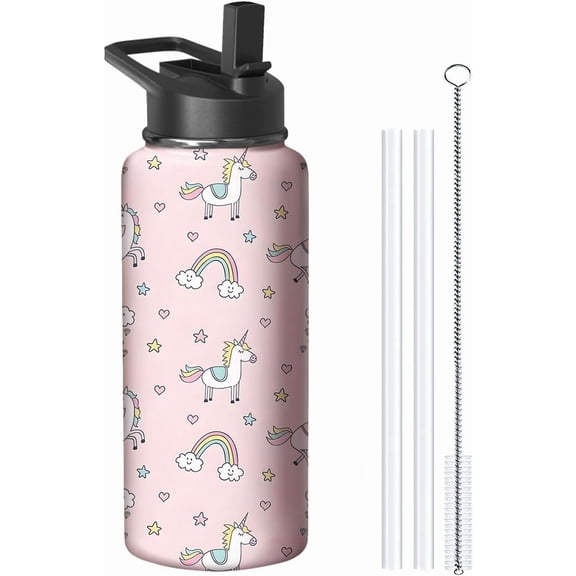 32oz Pink Unicorn Water Bottle with Handle and Flip Straw, Animal Sports Stainless Steel Insulated Cup Travel Coffee Mug Tumbler, Birthday Mothers Day Chritmas Gifts for Women