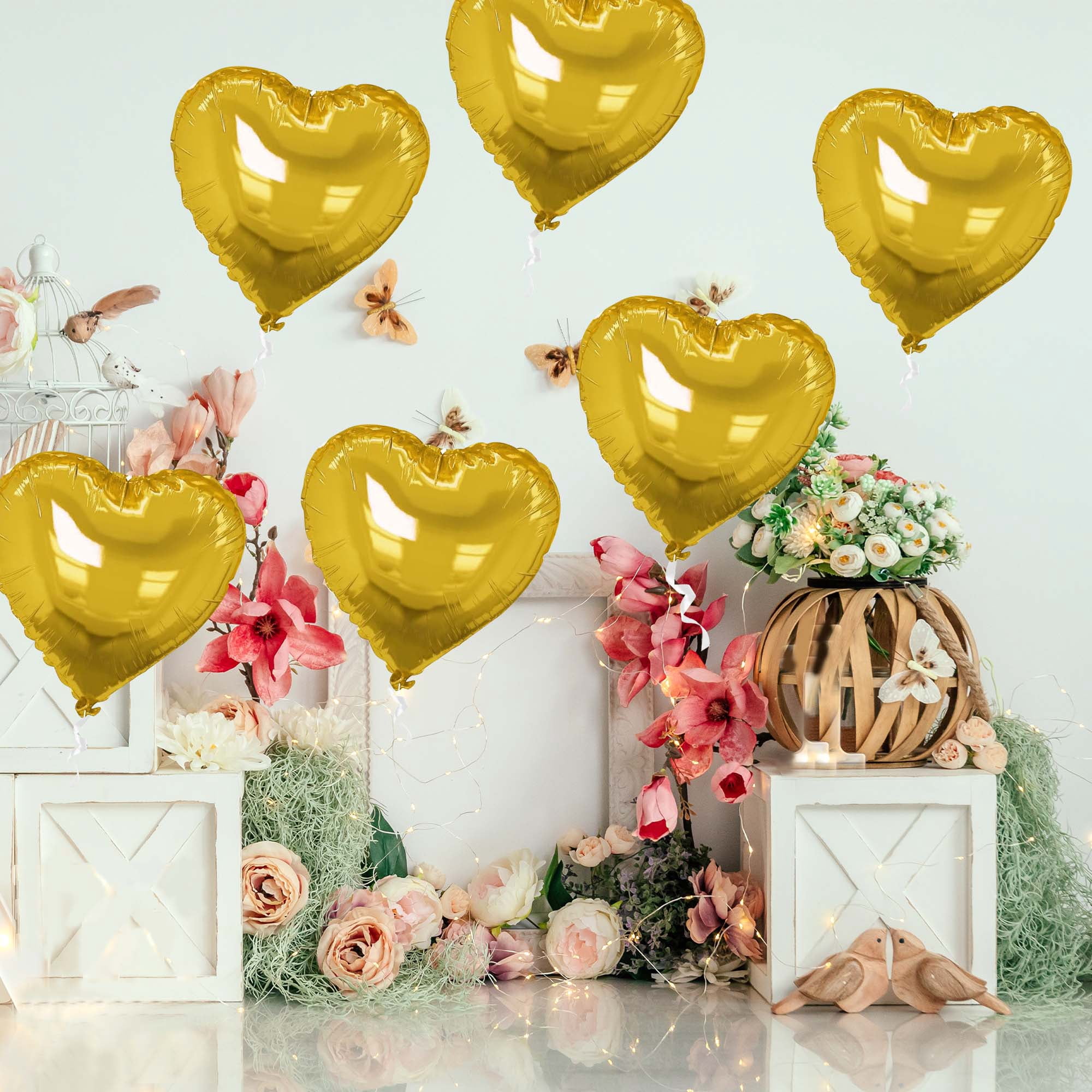 Unique Bargains 10Pcs Helium Balloons with Ribbon Heart Pattern Gold Tone