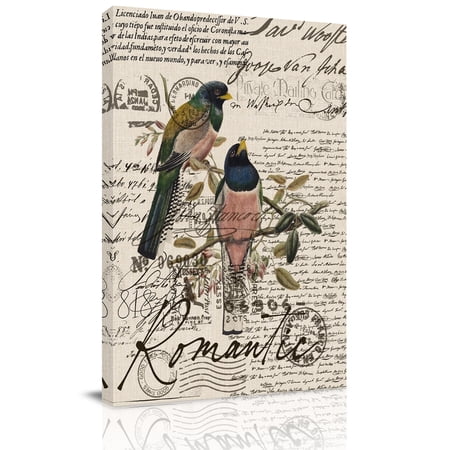 Canvas Wall Art Vintage Birds Framed Canvas Prints for Living Room Office Country Envelope Postmark Farmhouse Botancial Gallery Wrapped Wall Decor for Home Office Gifts 16 x24 Ship Next Day