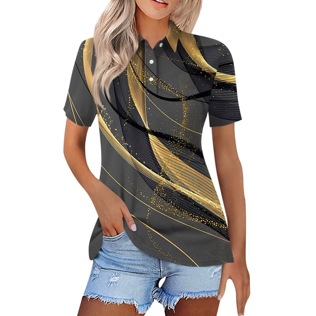 Pntutb Hauts Courts pour Femmes Mode T-Shirt Blouse à Boutons à Col Rabattu à Manches Courtes Imprimé Décontracté Confortable pour Femmes Choix Éclair