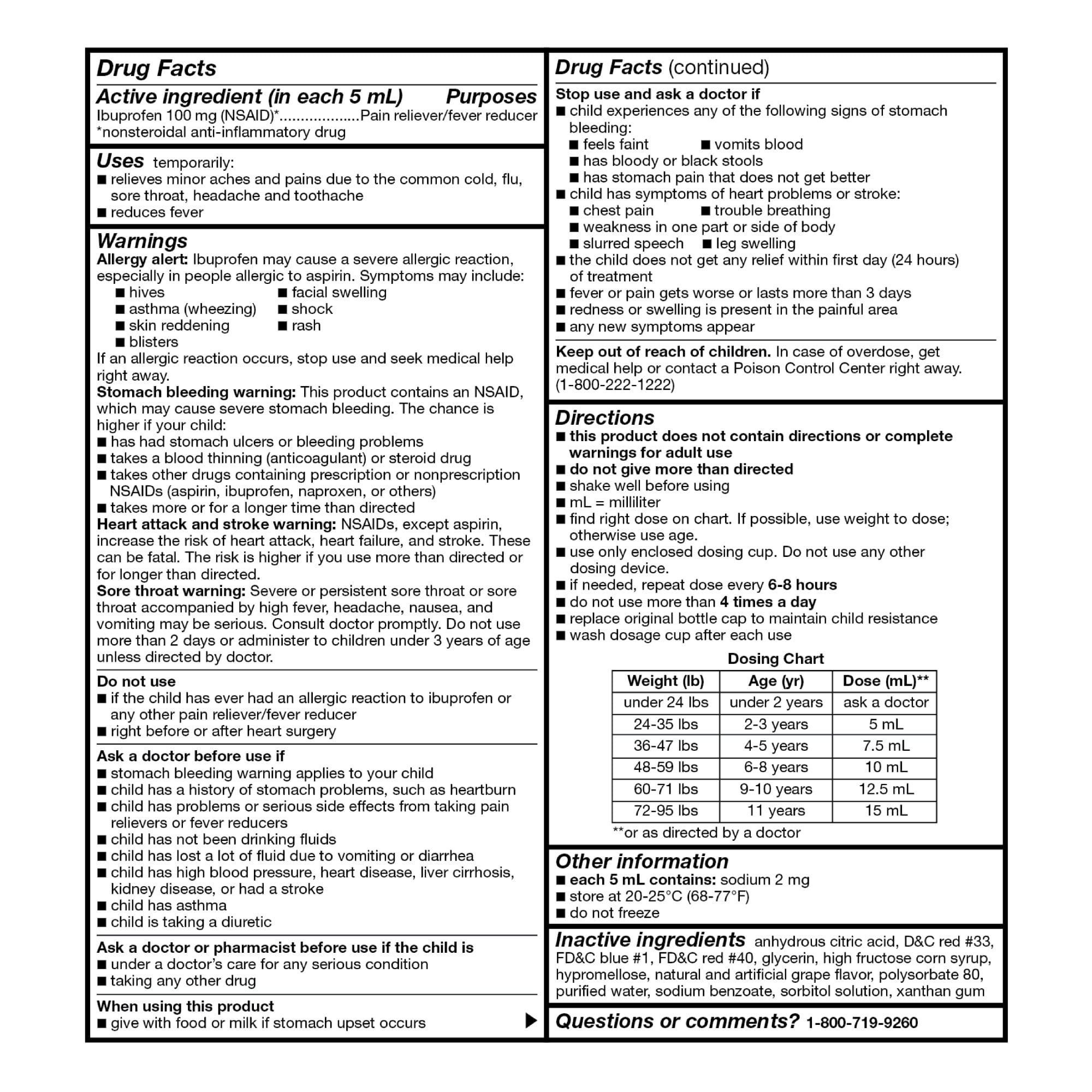Equate Children's Pain Reliever/Fever Reducer Ibuprofen Oral Suspension, Grape Flavor, 100 mg, 4 fl oz