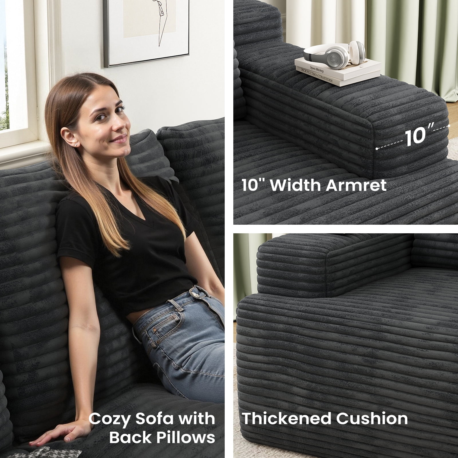 104" Cloud Sectional Couch with L-Shape Chaise, Modern Modular Sofa with Deep Seat, Upholstered Couches with Back Cushion for Living Room Bedroom, No Assembly Required, Black Grey (Corduroy Fabric)