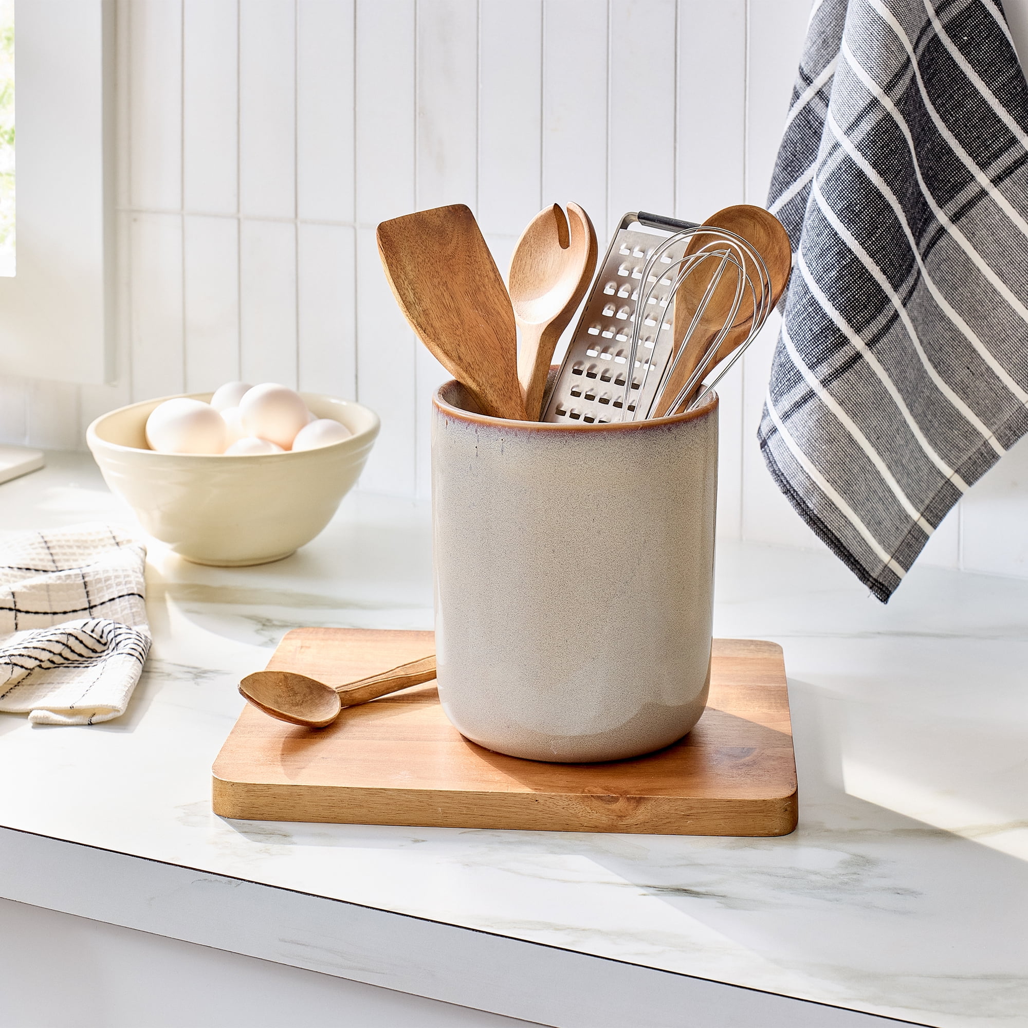 Better Homes & Garden Reactive Cream Ceramic Crock Utensil Holder