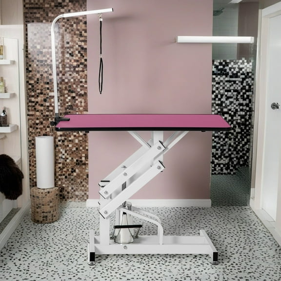 Pefilos 42" Pet Grooming Table for Dogs, Adjustable Heavy Type Hydraulic Grooming Table with Adjustable Arm, Pink