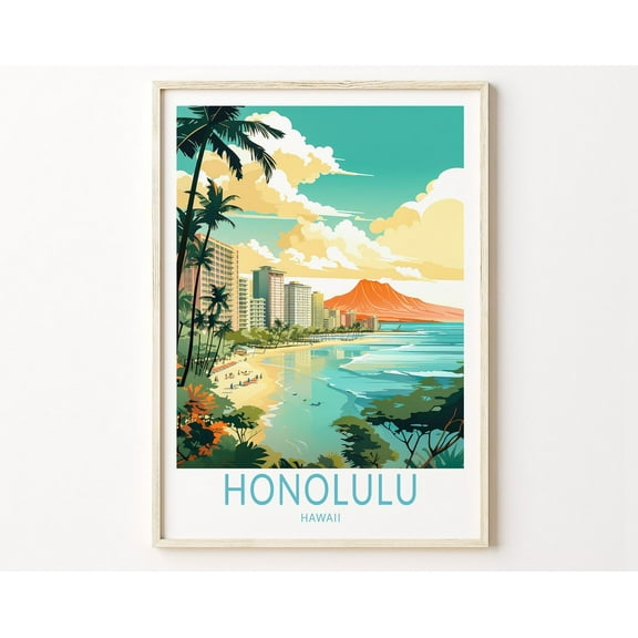 Honolulu Hawaii Travel Poster, Honolulu Hawaii Travel Poster Print, Hawaii Travel Poster Wall Art, Honolulu Hawaii Coastal Travel Poster Wall Art, Modern Wall Decor, 8x12 UNFRAMED