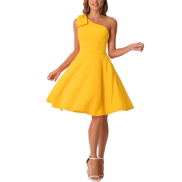 Vestido de fiesta A-Line con tirante asimétrico y lazo para mujer INSPIRE CHIC, con bolsillos, color amarillo, talla M