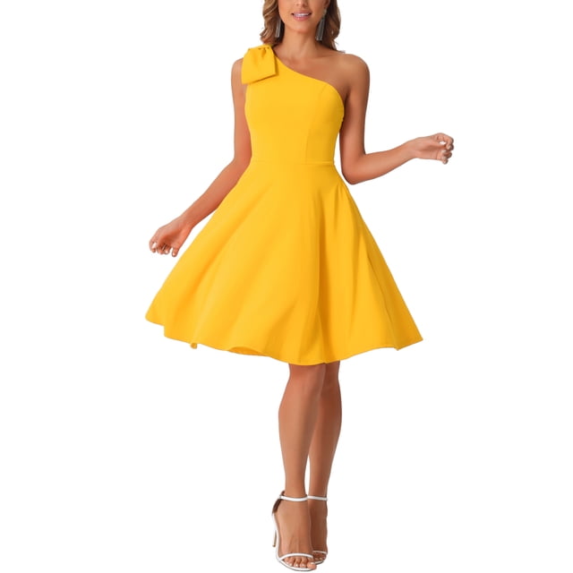Vestido de fiesta A-Line con tirante asimétrico y lazo para mujer INSPIRE CHIC, con bolsillos, color amarillo, talla M