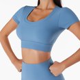 thumbnail image 3 of Conjuntos de entrenamiento acanalados para mujer, Top corto de manga corta de 2 piezas, secado rápido para trotar, correr, Fitness, Yoga, azul oscuro L, 3 of 6